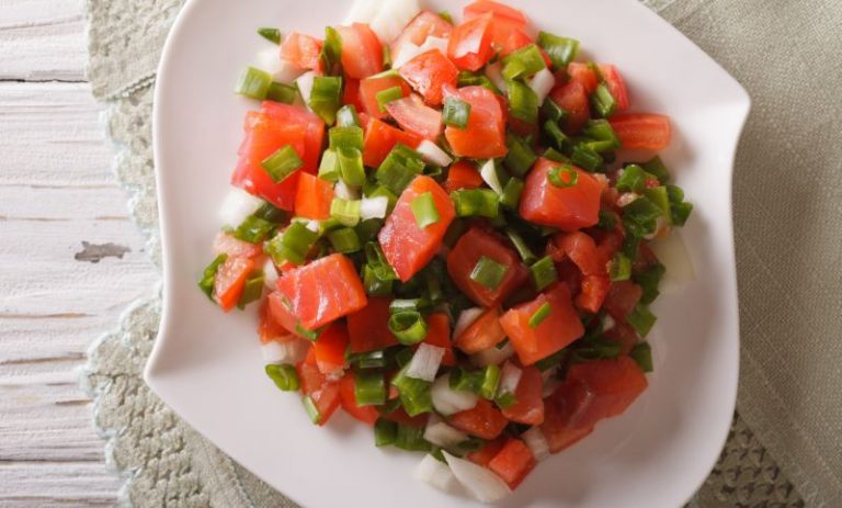 Hawaiian Lomi Lomi Salad Close Up On The Table Horizontal Homeyhawaii