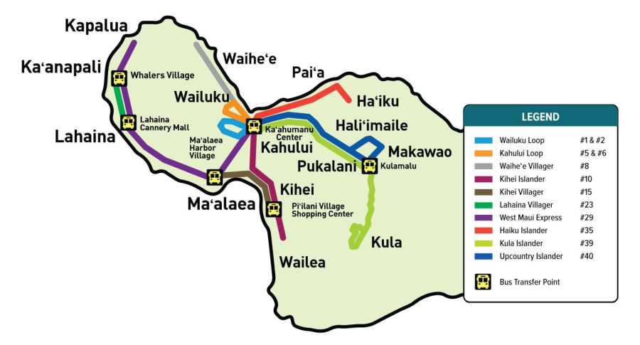 The Maui Bus service consists of 12 bus routes